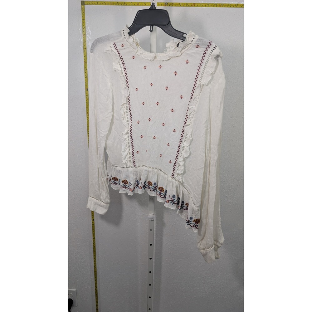 Zara Basic White Embroidered Ruffle Asymmetrical Blouse Long Sleeve Floral Large